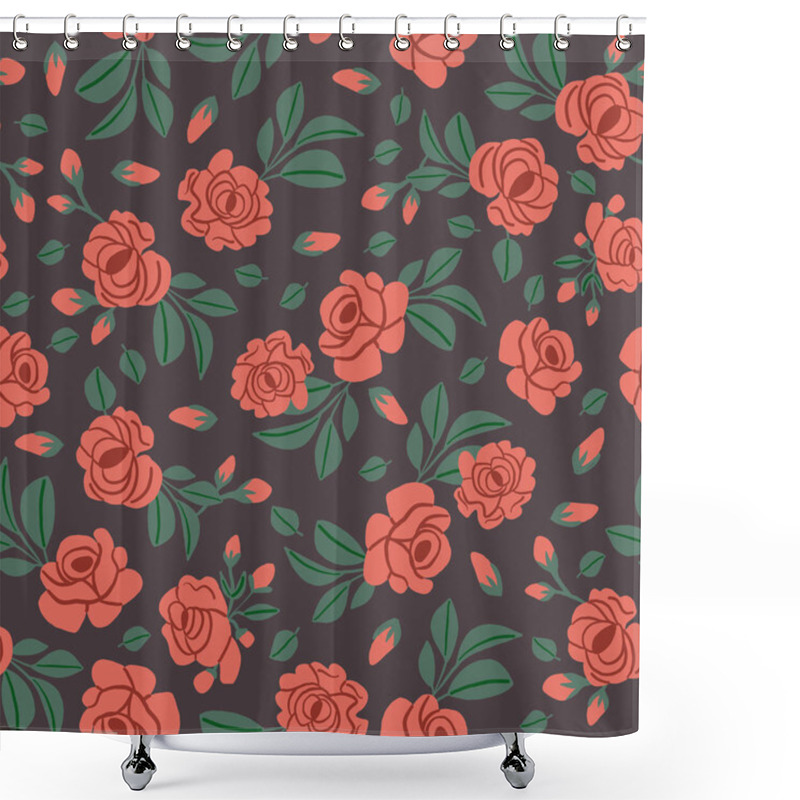 Personality  Vintage Pattern With Red Roses And Leaves On Brown Background. Retro Flowers Pattern. Vector Illustration Shower Curtains