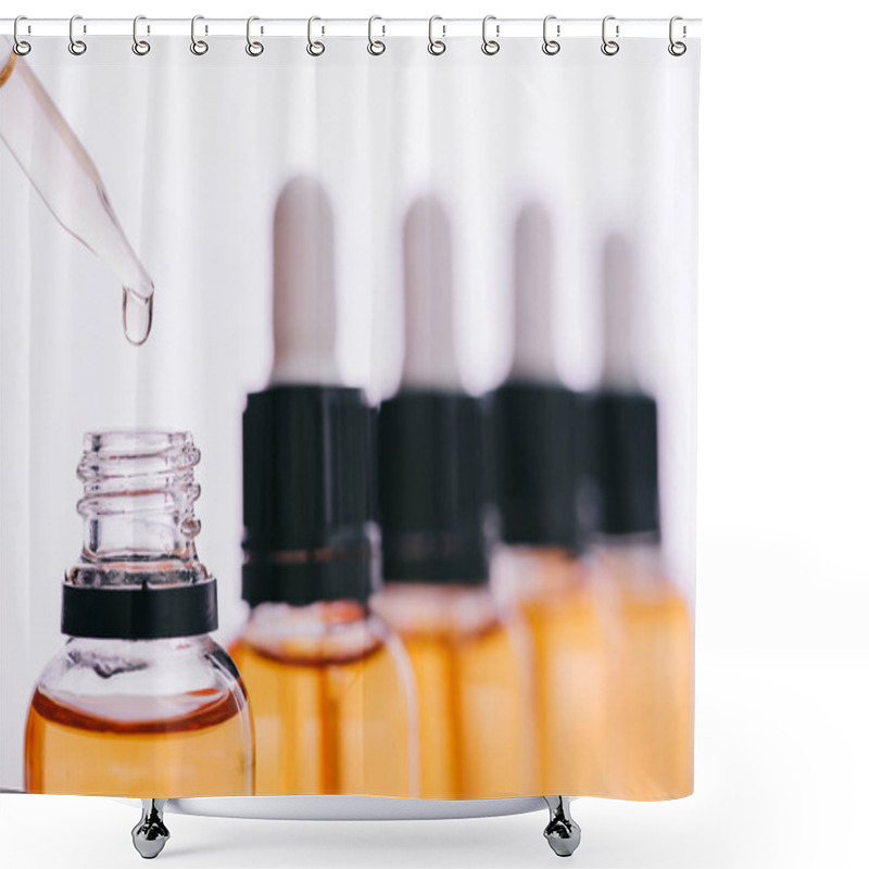 Personality  Selective Focus Of Cannabidiol Oil Drop With Dropper Isolated On White Shower Curtains