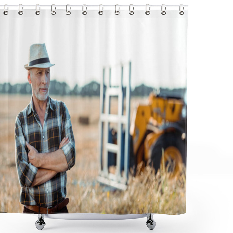 Personality  Self-employed Farmer In Straw Hat Standing With Crossed Arms Near Tractor  Shower Curtains