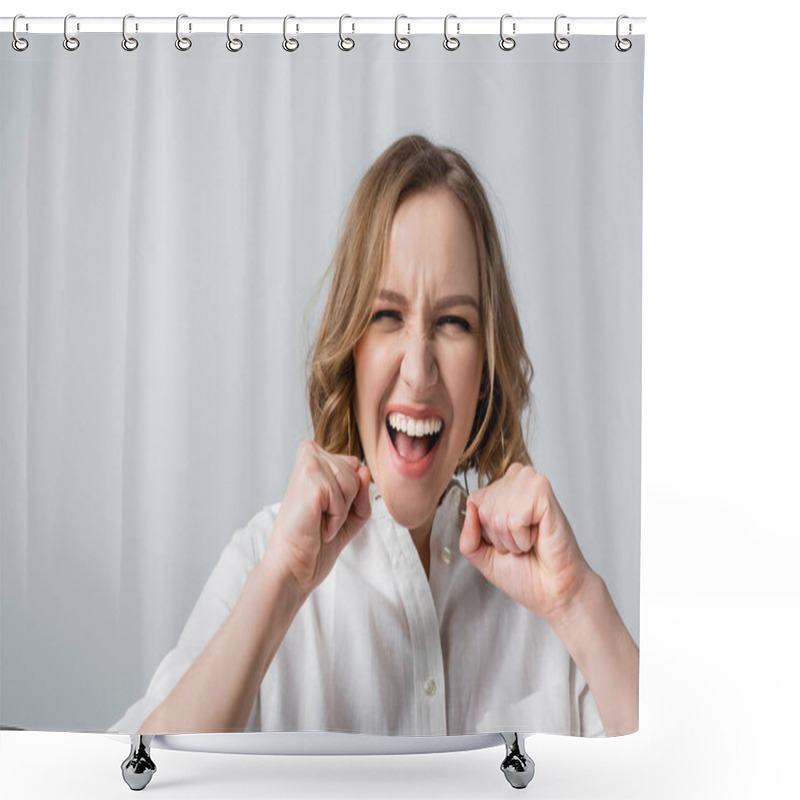 Personality  Excited Overweight Woman In White Shirt Celebrating Isolated On Grey  Shower Curtains