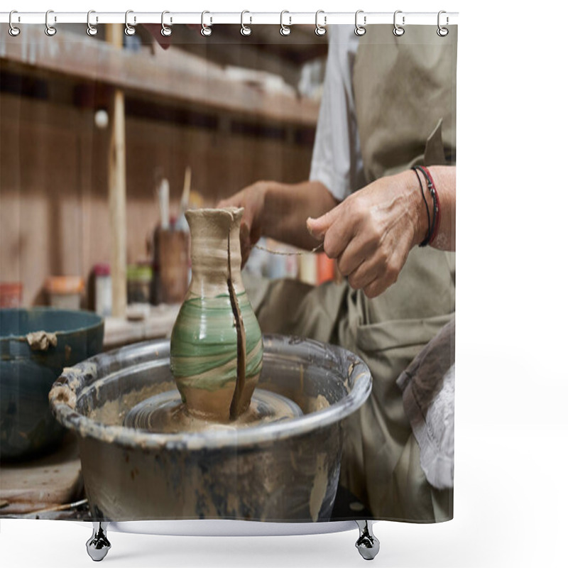 Personality  A Skilled Artisan Crafts A Stunning Green Striped Ceramic Jug On A Pottery Wheel In A Warm Studio. Shower Curtains