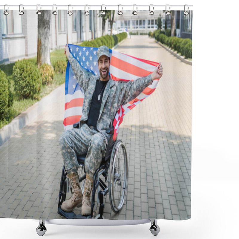 Personality  Happy Disabled Veteran Looking At Camera While Sitting In Wheelchair With Usa Flag Shower Curtains