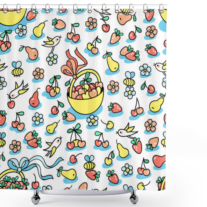 Personality  Enjoy Taste Of Summer Seamless Pattern. Little Birds And Bees Pick Fruits, Strawberries, Cherries, Pears, And Blooms On White Background. Perfect For Wrapping Paper, Packaging, Textile Design. Shower Curtains