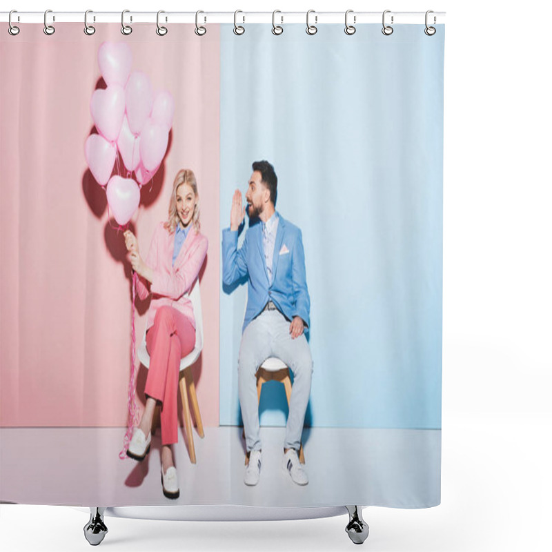 Personality  Smiling Woman Holding Balloons And Handsome Man On Pink And Blue Background  Shower Curtains