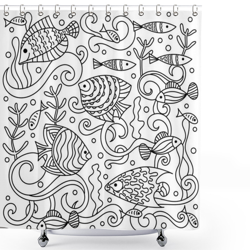 Personality  Sea Life Hand Drawn Doodle Pattern . Underwater World, Waves, Shells, Fish And Algae. For Fabric, Wallpaper And Other Surfaces Shower Curtains