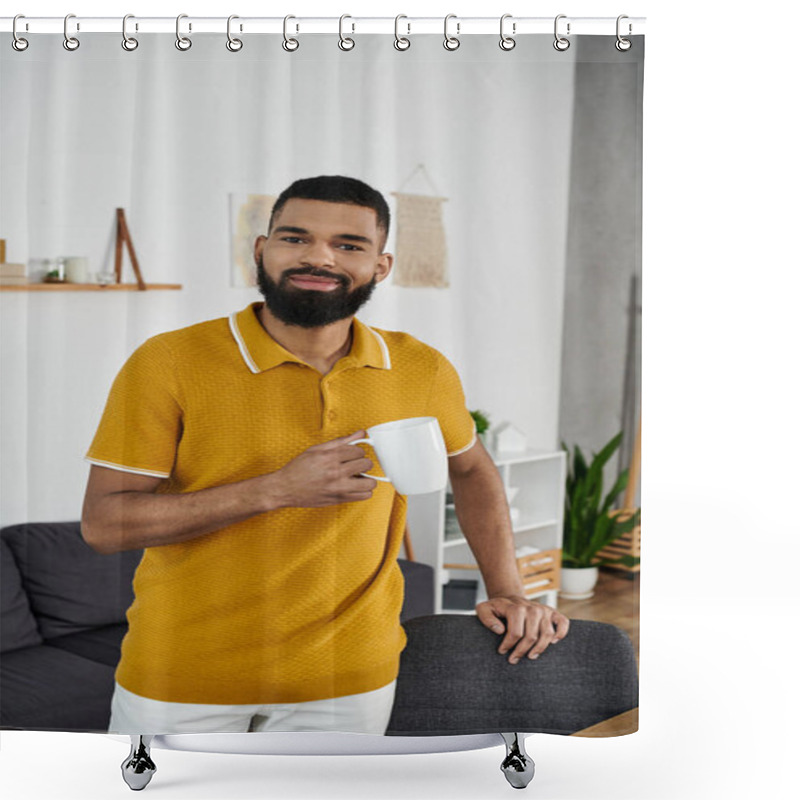 Personality  A Cheerful Man Savors His Drink In A Warm, Inviting Living Space. Shower Curtains