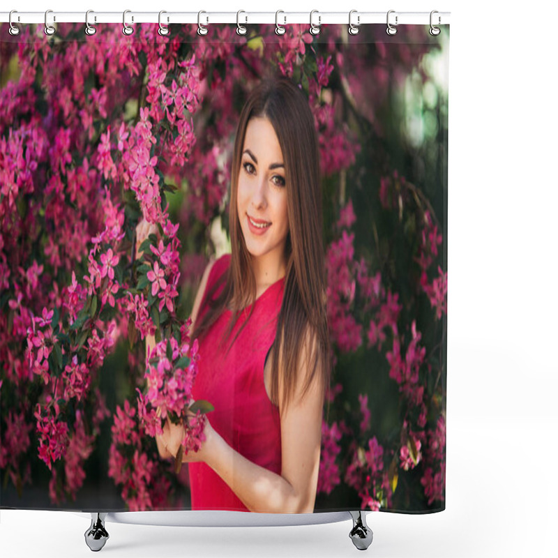 Personality  Young Girl Posing For A Photo. Flowering Pink Trees In The Background. Spring. Sakura Shower Curtains