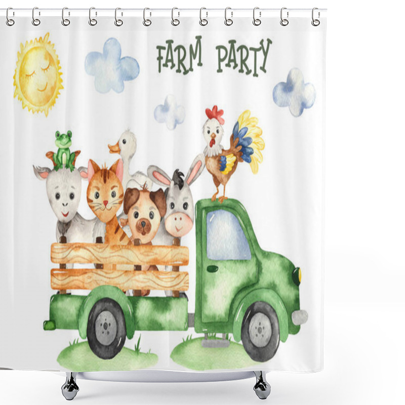 Personality  Farm Animals Donkey, Goose, Chicken, Frog, Rooster In A Farm Truck. Watercolor Hand Drawn Card For Kids Shower Curtains