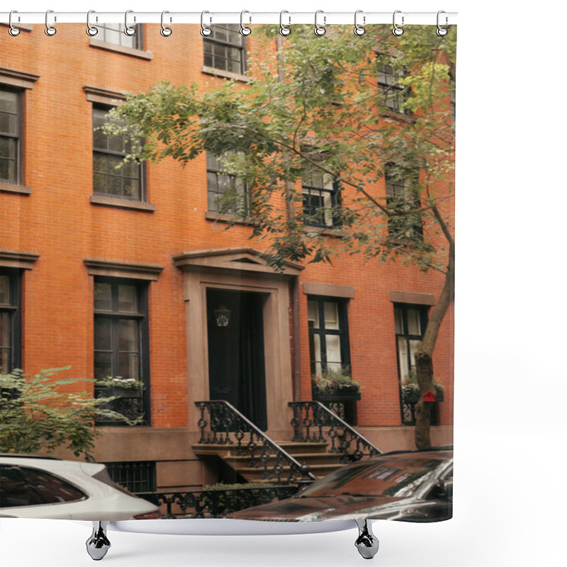 Personality  Red Brick Building Near Cars And Trees In Brooklyn Heights District In New York City Shower Curtains