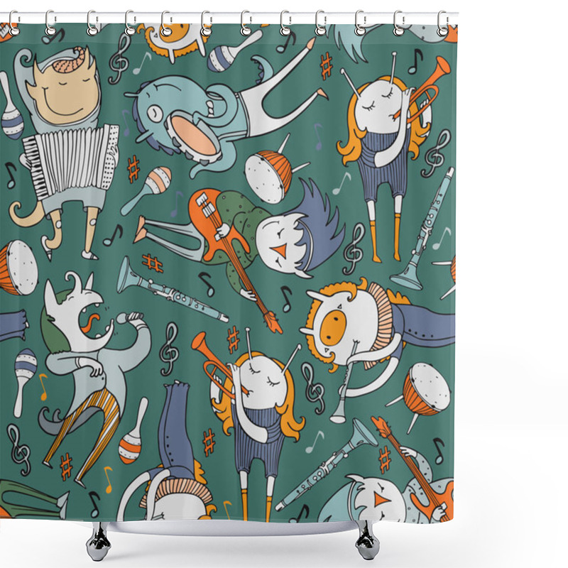 Personality  Cute Seamless Pattern With Lovely Monsters With Different Music Instruments And Singing. Color Vector Illustration On Dark Green Background. Lovely Characters With Drum, Guitar, Trumpet, Flute, Cello. Shower Curtains