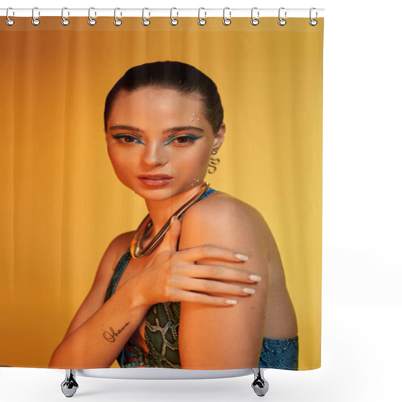 Personality  A Young Woman Models Stunning Makeup And Stylish Snake Print Clothing In A Studio. Shower Curtains