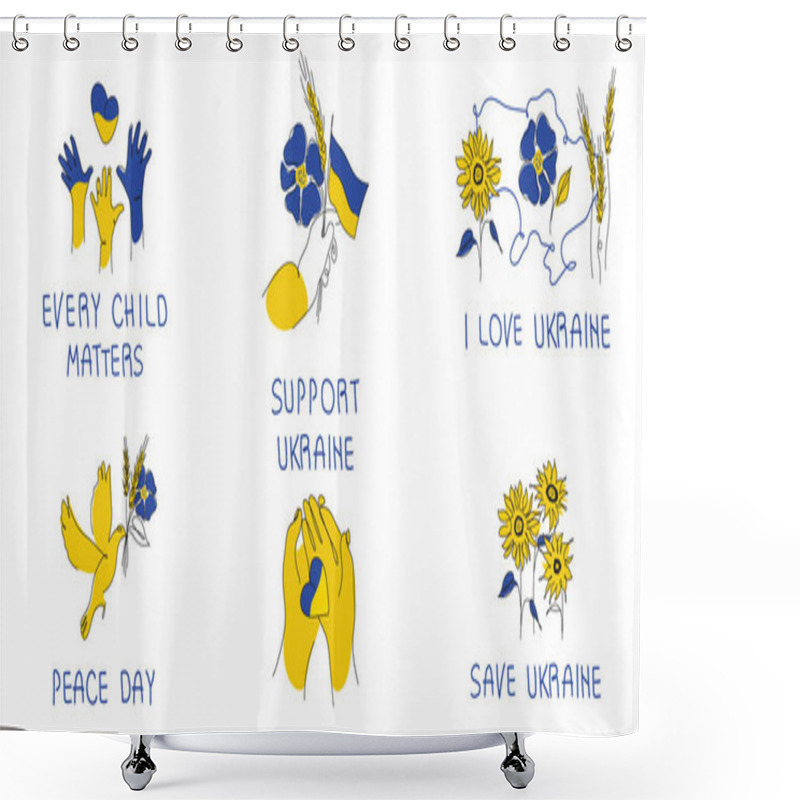 Personality  Vector Set, Collection Of Ukrainian Tradition Elements In Ukrainian Flag And Letterings Phrases. Vector Illustration Global Politics, NO WAR, Aggression Problem Picture In Continuous Line Art Style Shower Curtains