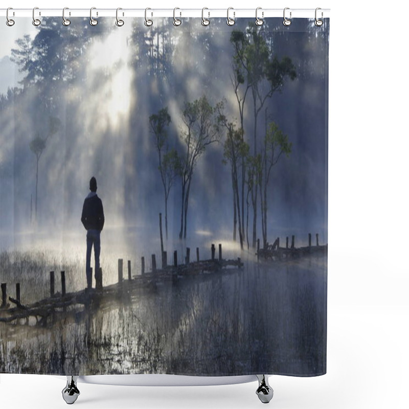 Personality  Submerged Trees Reflecting On Lake With The Magic Light, Fog And People Active At Sunrise Shower Curtains