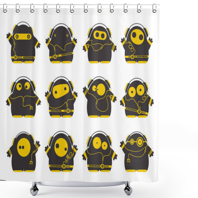 Personality  Set Of Twelve Cute Black And Yellow Characters With Audio Player Listening Music In Headphones Isolated On White.  Shower Curtains