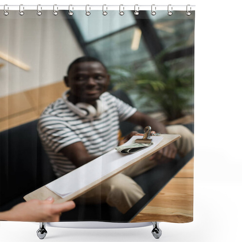 Personality  Waiter Holding Bill With Money Shower Curtains