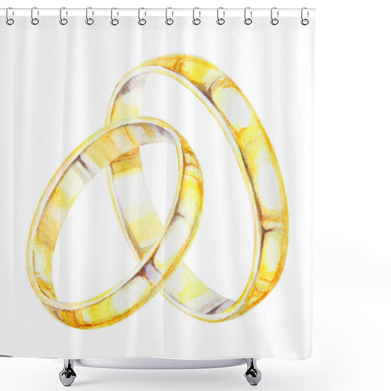 Personality  Watercolor Illustration Of Two Intertwined Golden Wedding Rings Ideal For Invitations, Romantic Projects, And Anniversary Designs. Symbolizing Love, Unity And Commitment. Hand Drawn Isolated Clipart Shower Curtains