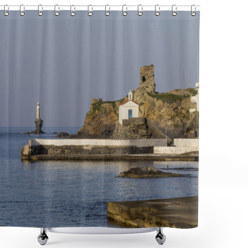 Personality  View Of The Town Lighthouse, Fortress, Church And The Sea (Greece, Island Andros, Cyclades) Shower Curtains