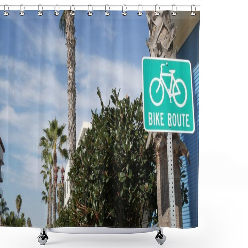 Personality  Bike Route Green Road Sign In California, USA. Bicycle Lane Singpost. Bikeway In Oceanside Pacific Tourist Resort. Cycleway Signboard And Palm. Healthy Lifestyle, Recreation And Safety Cycling Symbol. Shower Curtains