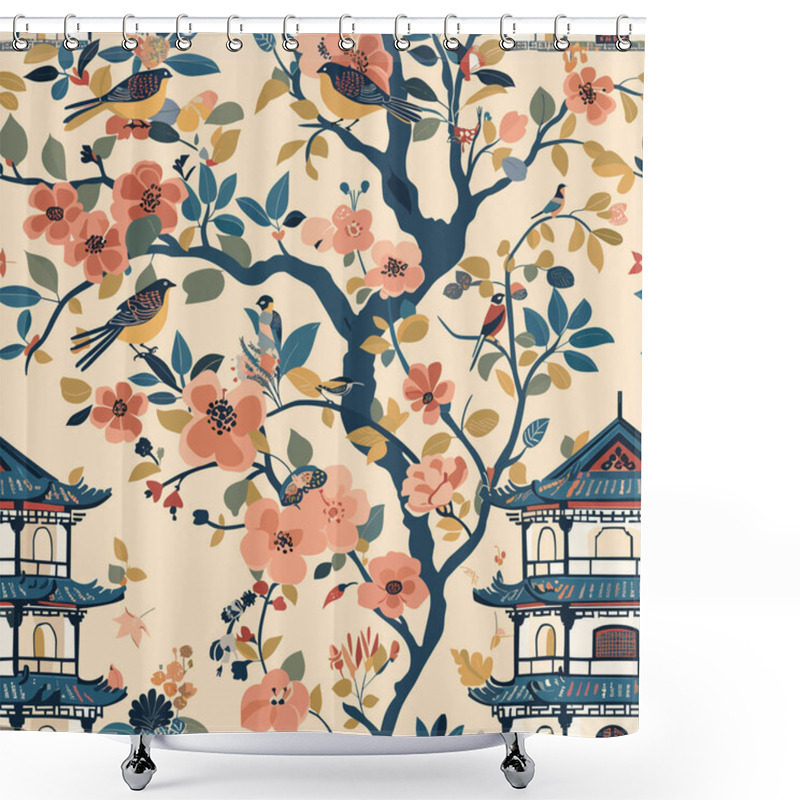 Personality  This Captivating Design Blends Intricate Chinese Architecture, Adorned With Delicate Flowers, Against A Backdrop Of Serene Clouds. Crafted With Meticulous Detail, This Vector Graphic Seamlessly Shower Curtains