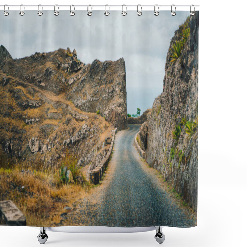 Personality  Santo Antao Island, Cape Verde. Local Road On Delgadinho Mountain Ridge Leading To Ribeira Grande Shower Curtains