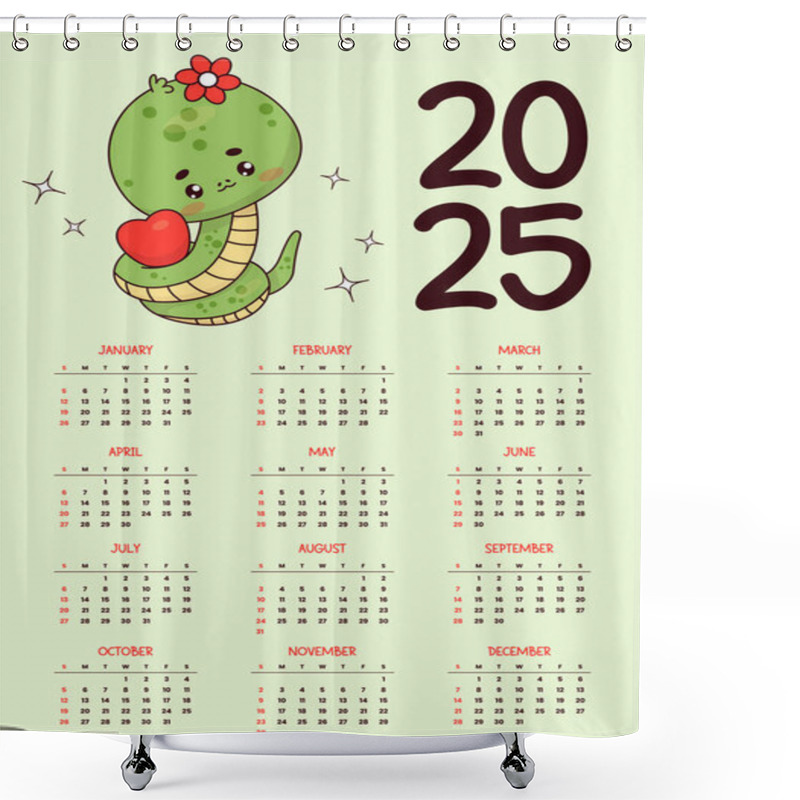 Personality  2025 Annual Calendar. Cute Snake Girl With Heart. Funny Kawaii Character. New Year Vector Vertical Template 12 Months In English. Week Starts Sunday. 2025 Year Snake According To Eastern Calendar Shower Curtains