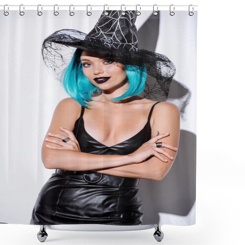 Personality  Girl In Black Witch Halloween Costume With Blue Hair With Crossed Arms On White Background Shower Curtains