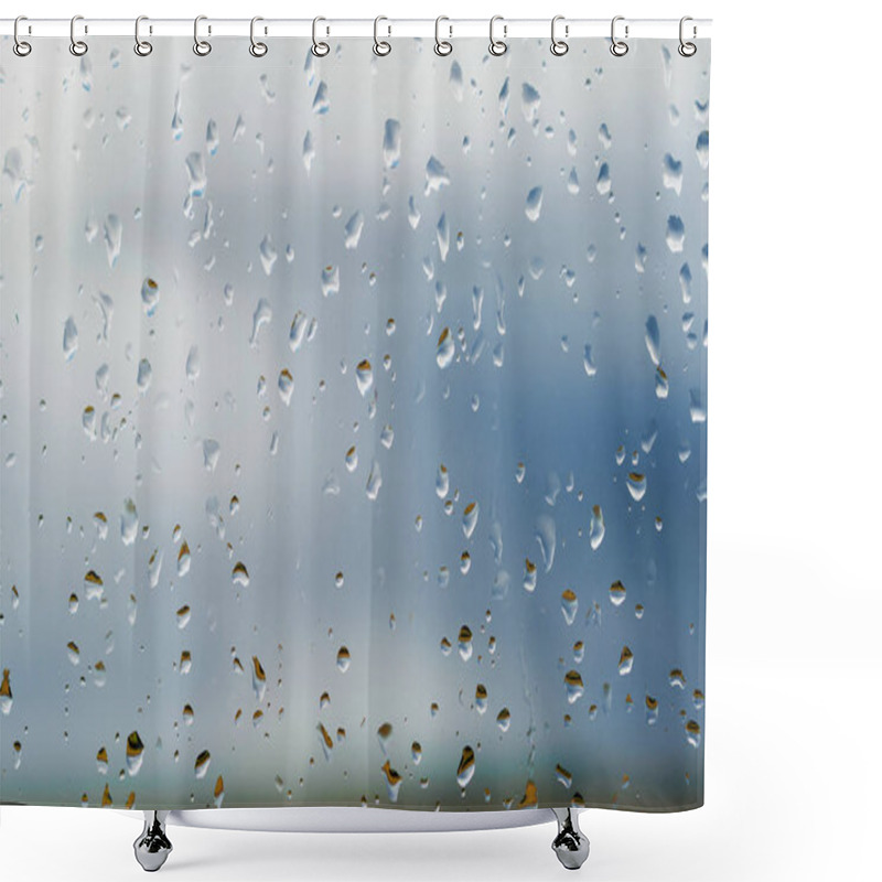 Personality  Drops Of Rain On Blue Glass Background Shower Curtains