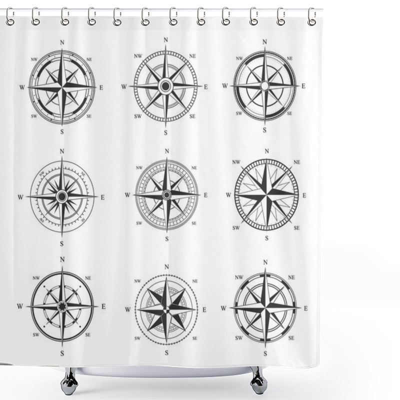 Personality  Wind Rose Set. Monochrome Cartography Symbol With Orientation Parts Of World Nautical Vintage Star For Mariners Latitude And Longitude Navigation Measurement Equipment. Vector Topography. Shower Curtains