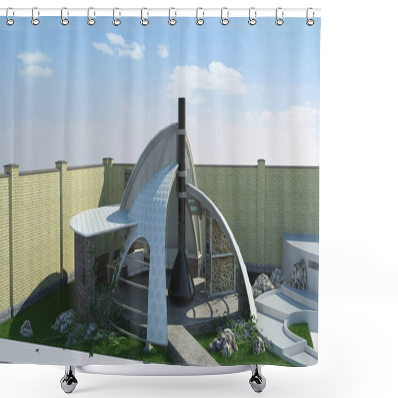 Personality  Modern Gazebo Exterior And Alfresco Living Area, 3D Illustration Shower Curtains