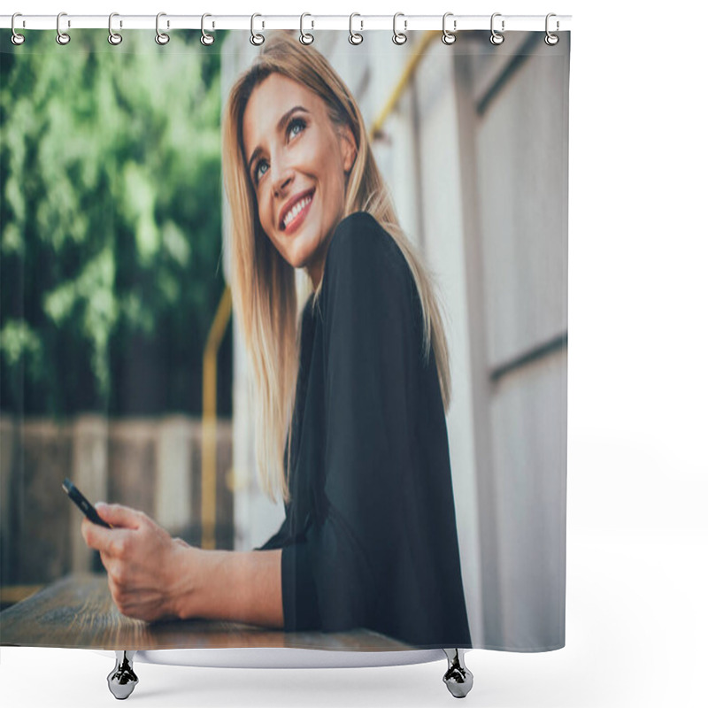 Personality  Concept Of Technology And Generation, Attractive Female With Candid Smile On Face Looking Away While Resting Outdoors, Positive Blonde Hipster Girl Holding Cellular Phone For Online Communication Shower Curtains