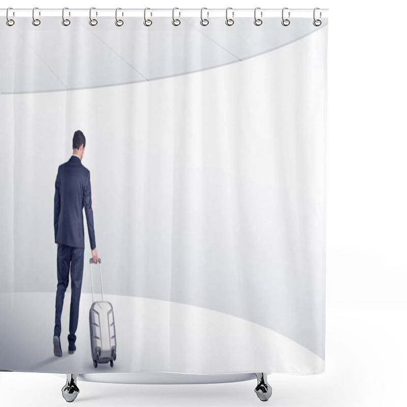 Personality  Businessman With Suitcase Walking In Waiting Room Shower Curtains