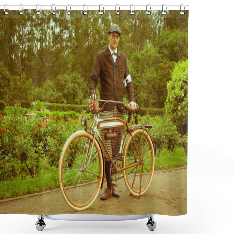 Personality  Man Posing With Retro Bicycle In The Park Shower Curtains