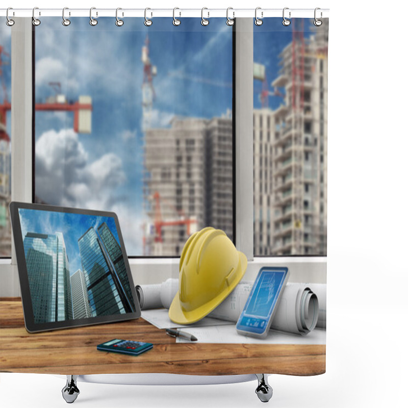 Personality  Tablet, Smartphone, Safety Helmet And Blueprints In Construction Site Shower Curtains