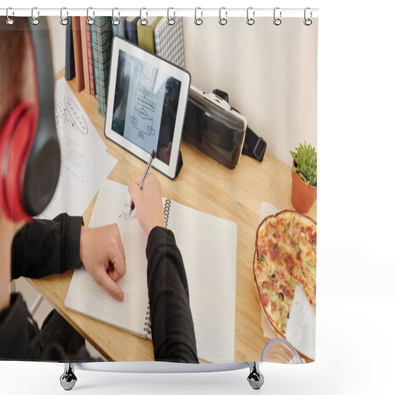 Personality  School Student Sitting At His Desk At Home, Watching Programming Online Course And Drawing Scheme In Textbook Shower Curtains