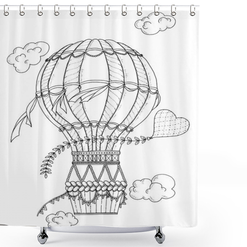 Personality  Black And White Air Balloon And Doodle Heart. Zentangle Inspired Pattern With Aerostat For Coloring Book For Adults And Kids. Shower Curtains