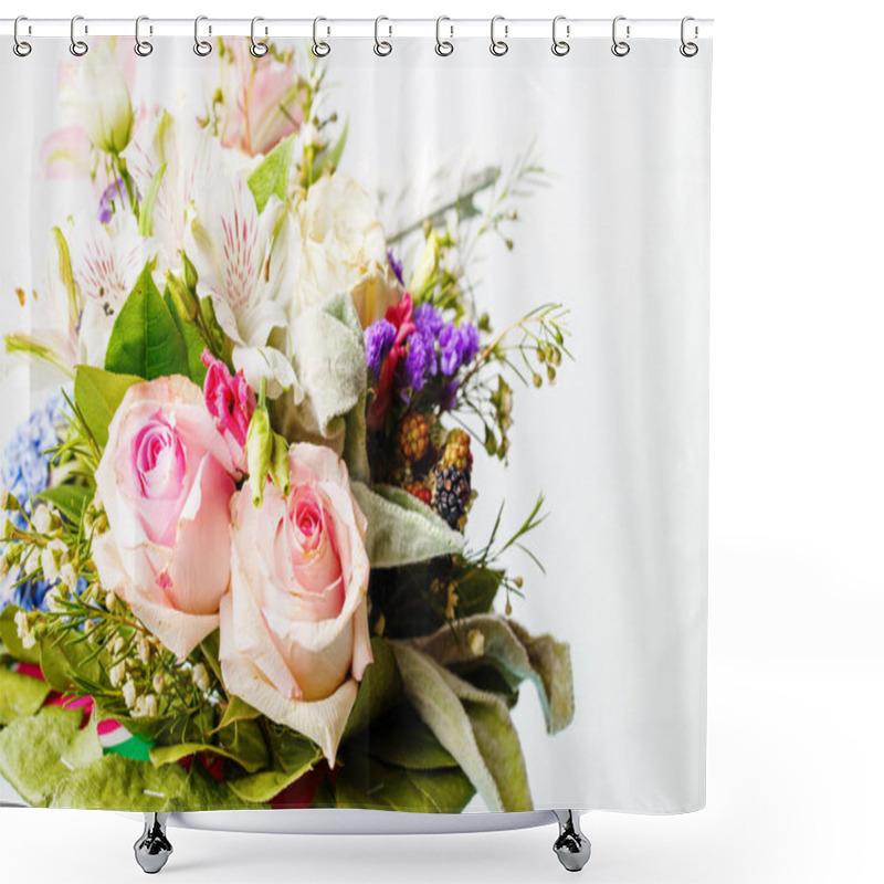 Personality  Photo Of Romantic Bouquet Of Pink Roses, Lilies, Green Leaves On White Background Shower Curtains