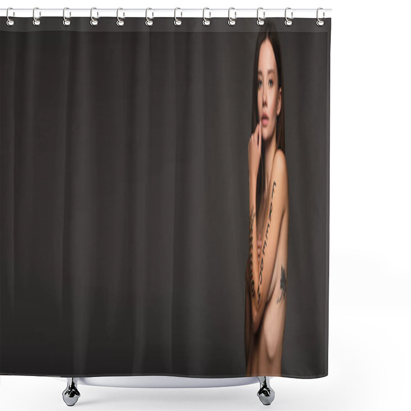 Personality  Naked Woman With Freedom Of Speech Lettering On Arm Looking At Camera Isolated On Dark Grey, Banner Shower Curtains