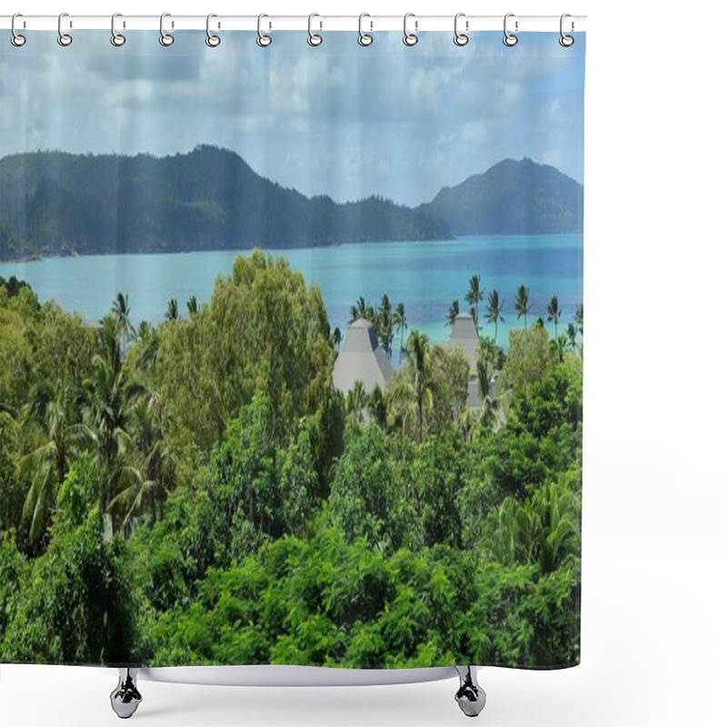 Personality  Hamilton Island Paradise: Turquoise Water Laps A Shore Framed By Lush Green Mountains And Palm Trees. A Postcard-perfect Escape Awaits. Shower Curtains