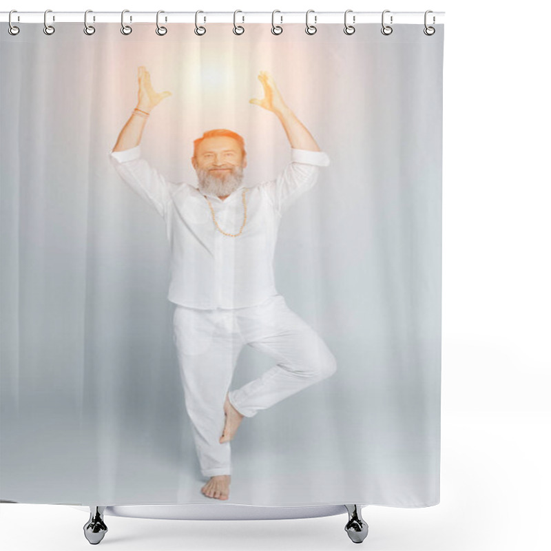 Personality  Full Length Of Yoga Guru Meditating In Tree Pose Near Shining Chakra On Grey Shower Curtains