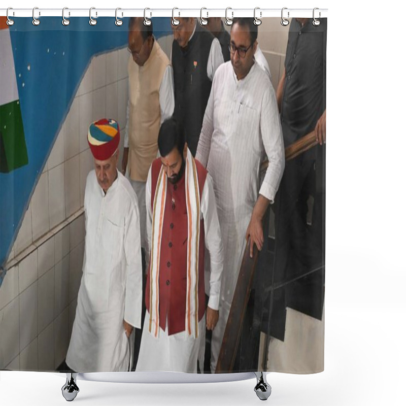 Personality  GURUGRAM, INDIA - APRIL 29, 2024: Chief Minister Of Haryana, Nayab Singh Saini And Union Minister Of State And BJP Gurugram Parliamentary Constituency Candidate, Rao Inderjit Singh Coming Out After Filing Nomination For The Lok Sabha Election  Shower Curtains