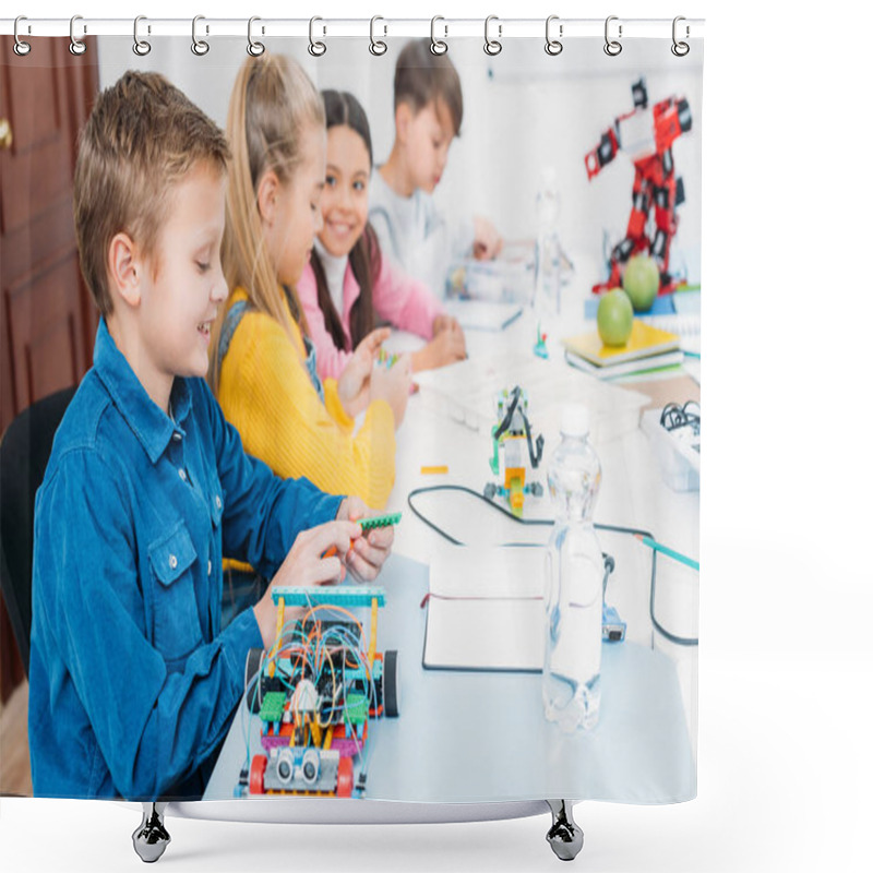 Personality  Happy Children Sitting At Desk And Making Robots In Stem Education Class Shower Curtains