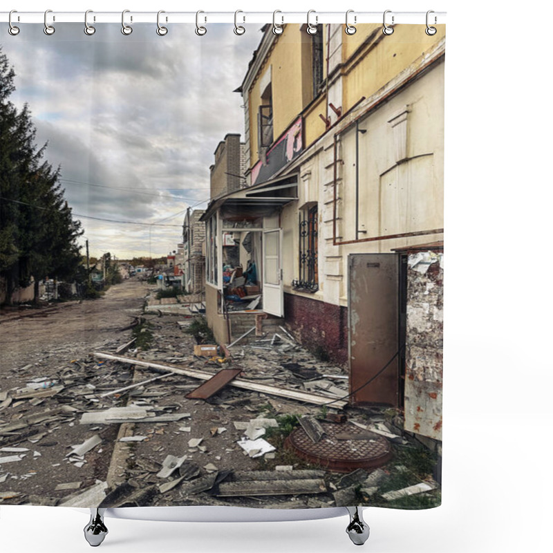 Personality  Destroyed Buildings As A Result Of Russian Bombardment In Liberated From Occupation Kupiansk Town In Kharkiv Region In Ukraine. Concept Of War, Russian Invasion And Military Crimes. Shower Curtains