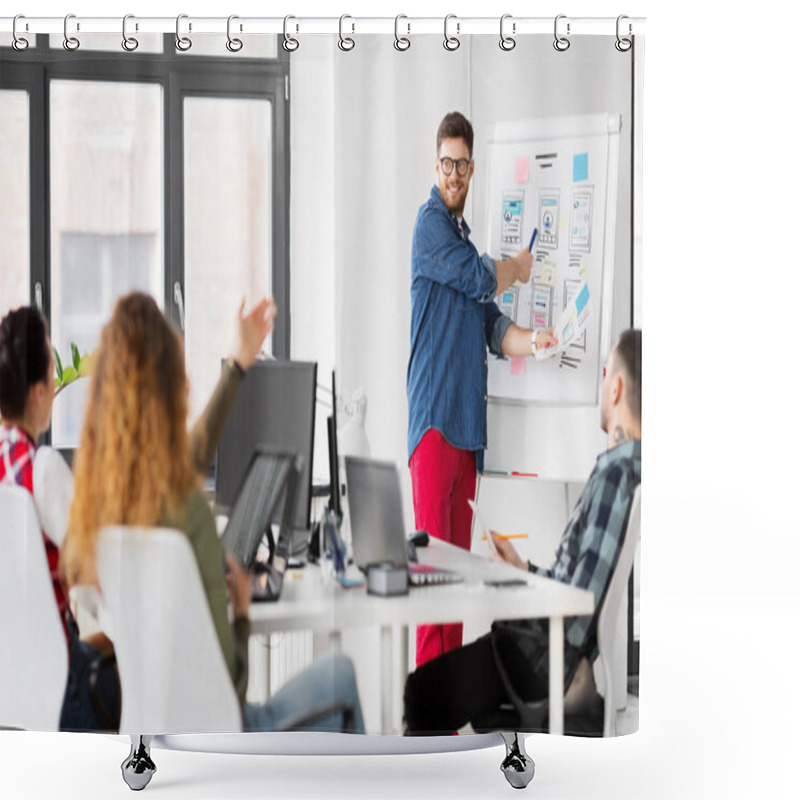 Personality  Creative Man Showing User Interface At Office Shower Curtains