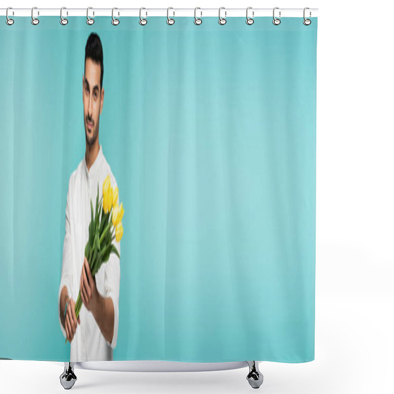 Personality  Young Arabian Man Holding Tulips Isolated On Blue, Banner  Shower Curtains