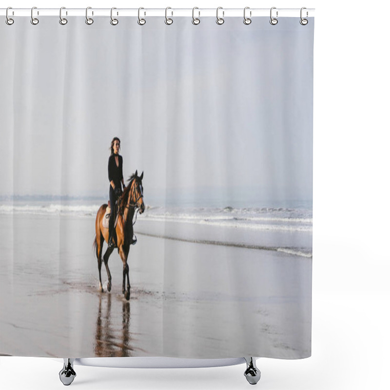 Personality  Woman Riding Horse On Sandy Beach With Ocean Behind Shower Curtains