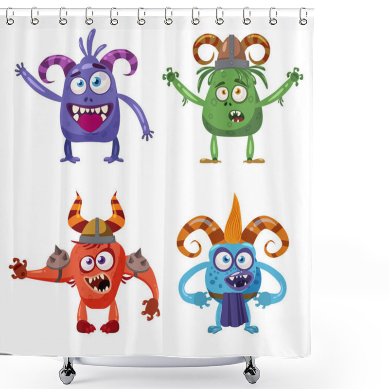 Personality  Set Of Cute Funny Characters Troll, Goblin, Devil, Yeti With Different Emotions, Cartoon Style, For Books, Advertising, Stickers, Vector, Illustration, Banner, Isolated Shower Curtains