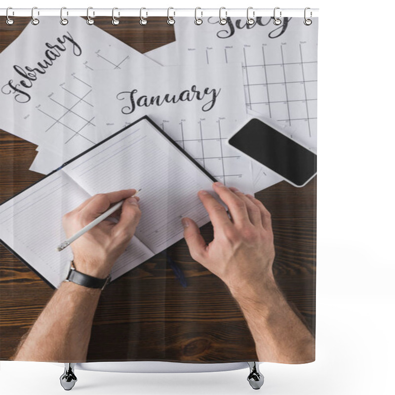 Personality  Partial View Of Businessman Making Notes In Notebook At Table With Calendar Shower Curtains