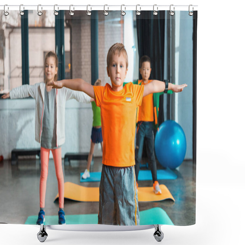 Personality  Selective Focus Of Multicultural Children Doing Exercise With Outstretched Hands On Fitness Mats Shower Curtains