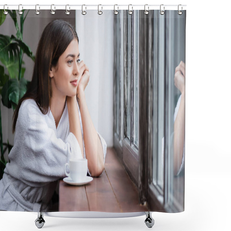 Personality  Smiling Young Adult Woman Sitting With Hands Near Face And Looking Out Window At Home Shower Curtains