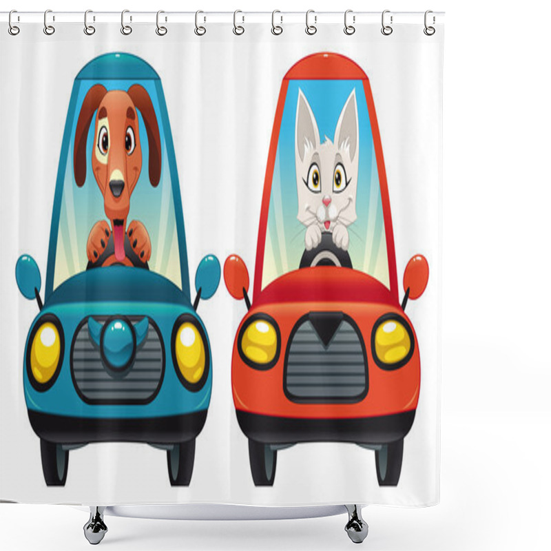 Personality  Animals In The Car: Dog And Cat. Shower Curtains